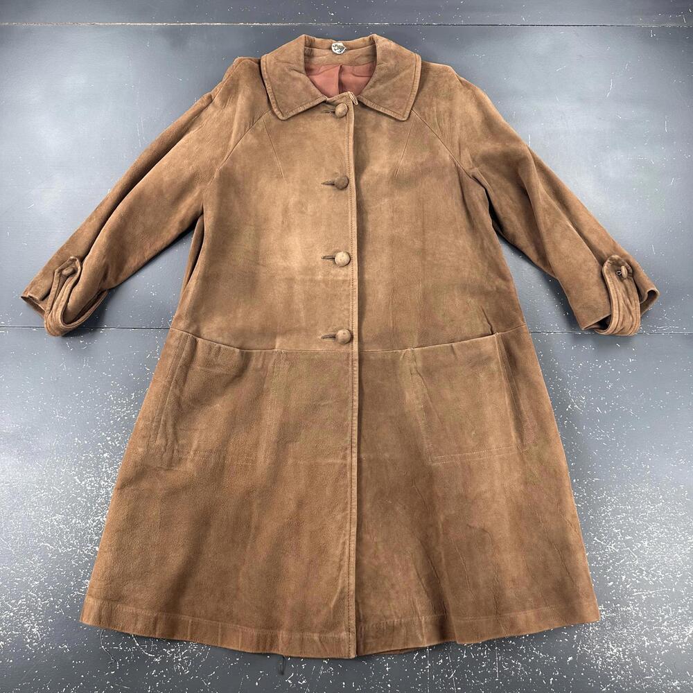VTG Suede Leather Trench Coat Womens Med/LRG Brown Soft Duster Boho Chic 60's - Picture 4 of 10